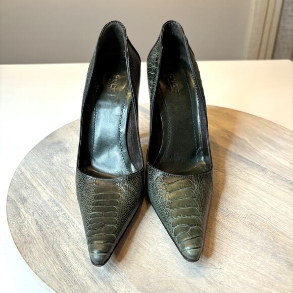 Gucci Snakeskin Embossed Pointed-Toe Dark Green Leather Pumps Italy US Size 7 - Picture 4 of 14